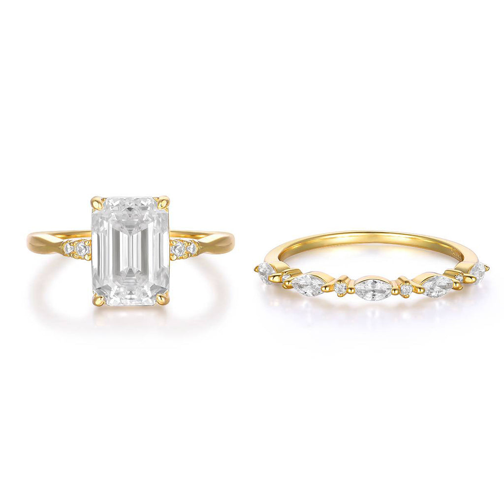 S925 Argent plaqué or 3,5ct Coupe émeraude Moissanite bague de mariage ensemble D Couleur VVS1 Taille US