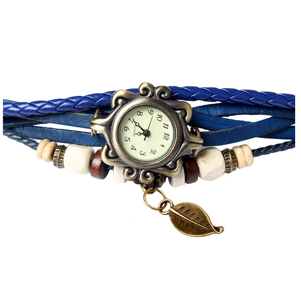 Beau style bohème rétro en cuir fait main Leaf Femmes Montres Bleu