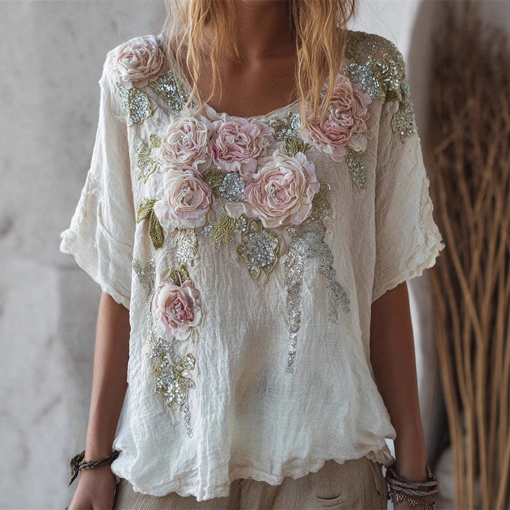 Top femme à manches courtes avec faux design Jacquard