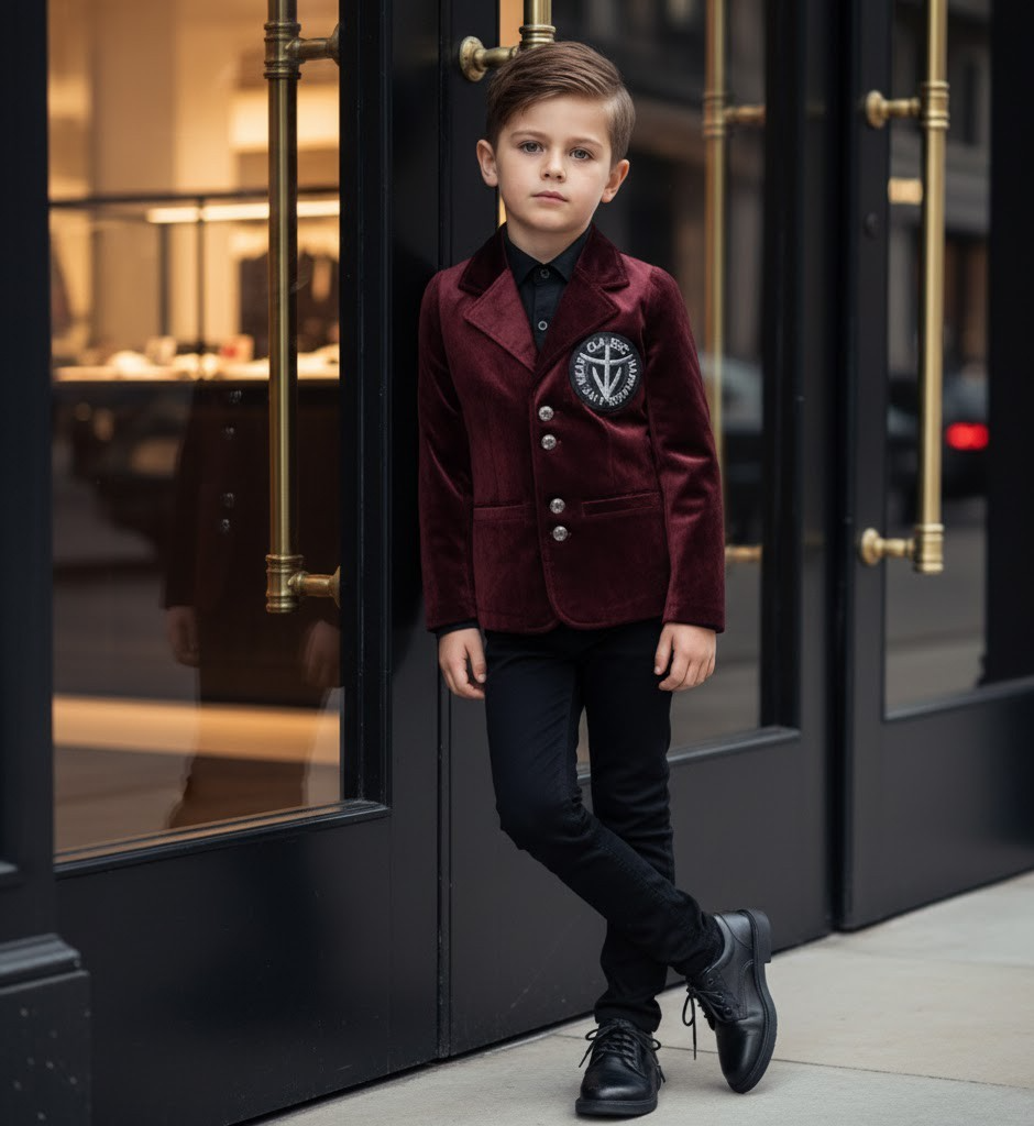 Garçon costume formel anniversaire Veste de fête Velvet Blazer vin rouge 3-7y Slim Fit