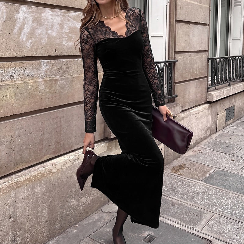 Robe élégante en velours et en dentelle pour femmes