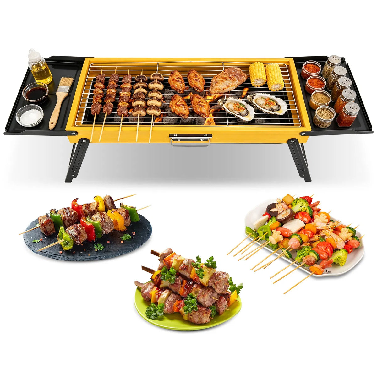 Portable Charcoal Grill en acier inoxydable Camping BBQ Grill avec panneaux latéraux Compact