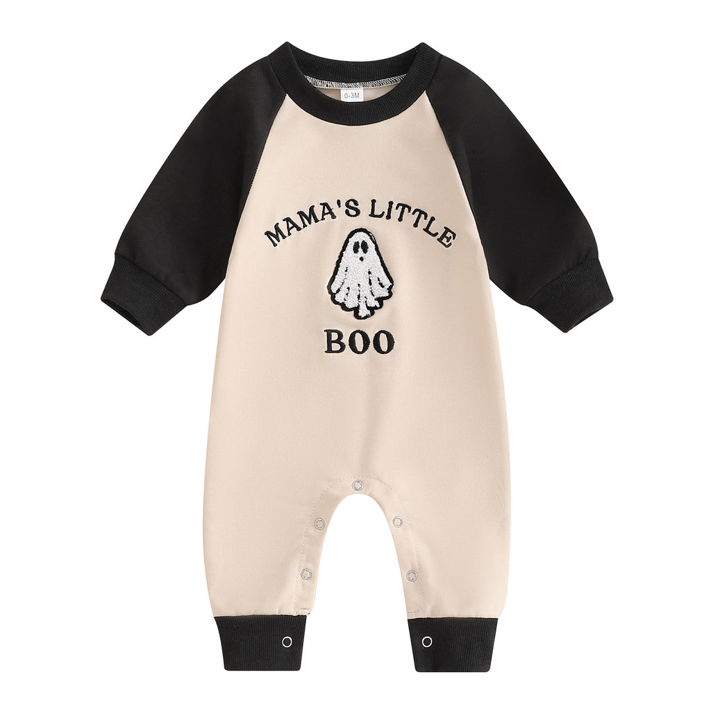 Lettre Ghost Broderie Couleur bloqué Long manchon Cartoon Cute jumps Crawler