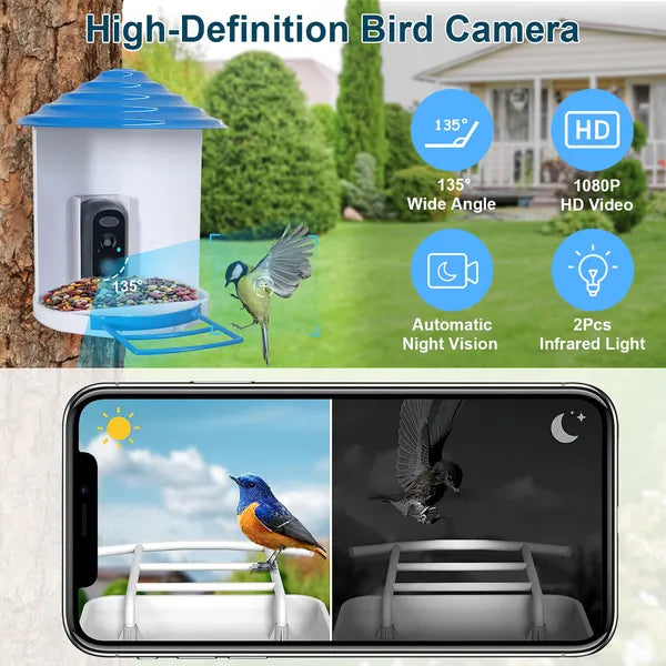 Smart Bird Feeder avec caméra solaire 1080P HD AI identifier PIR Motion Auto Capture V
