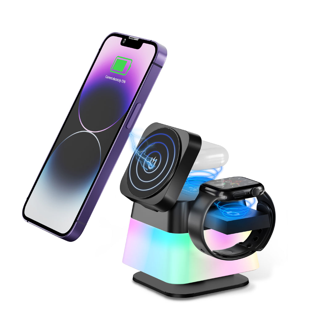 4 En 1 Éclairage coloré rotatif Support chargeur sans fil pour téléphone 15 14 13 12 Pro Max 8