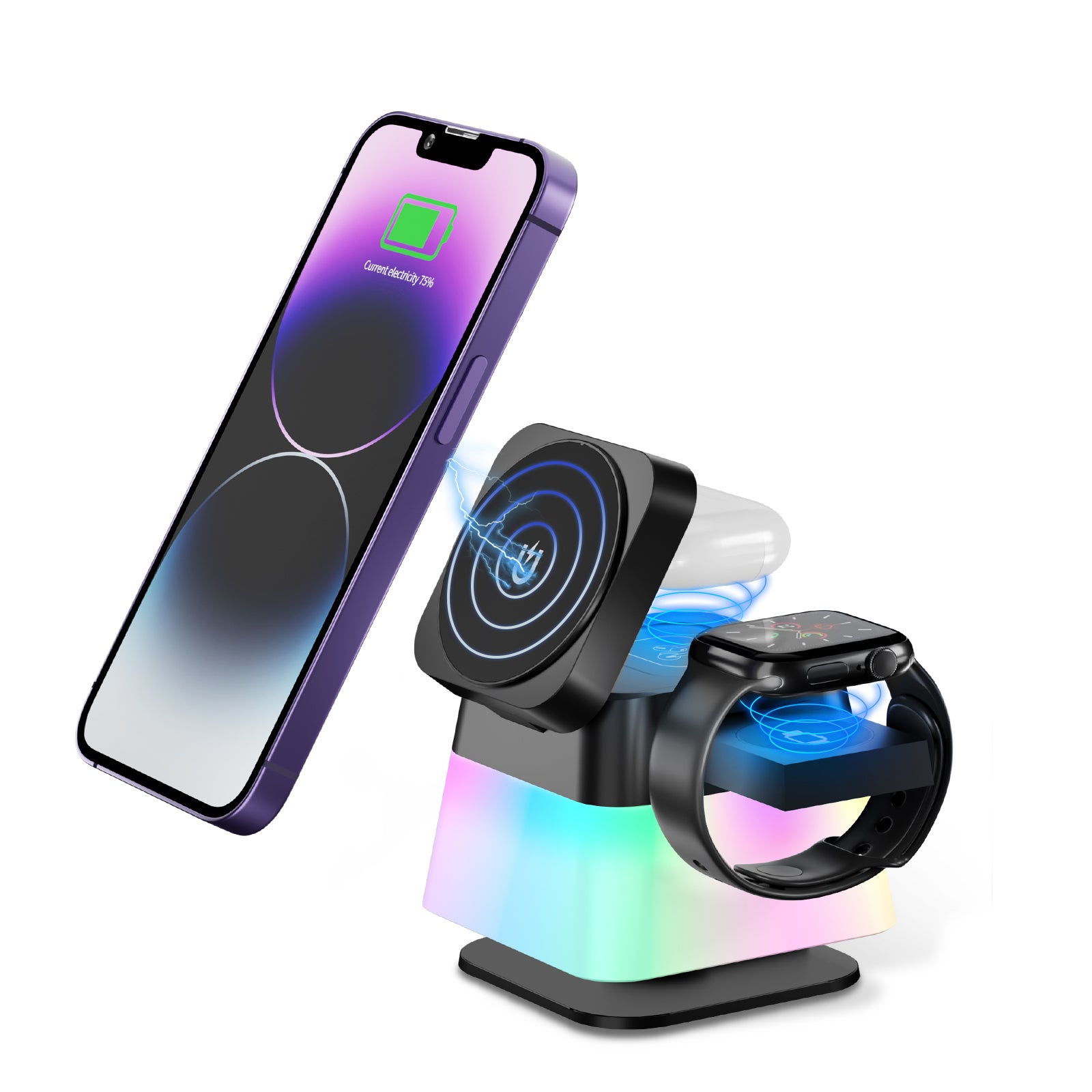 4 En 1 Éclairage coloré rotatif Support chargeur sans fil pour téléphone 15 14 13 12 Pro Max 8