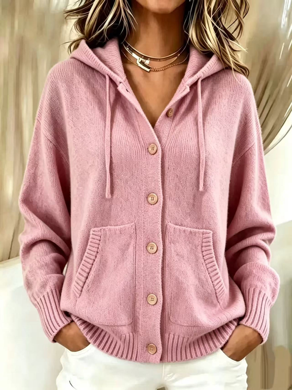 Femmes Automne Hiver Couleur solide à capuche Zip-Up Knitted Cardigan