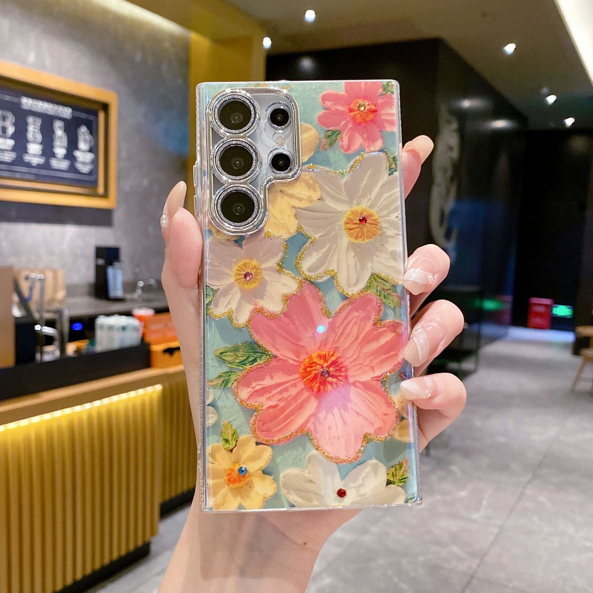 Peinture à l'huile de strass de luxe Flower Phone Case Lens Fine Hole Tout Inclus