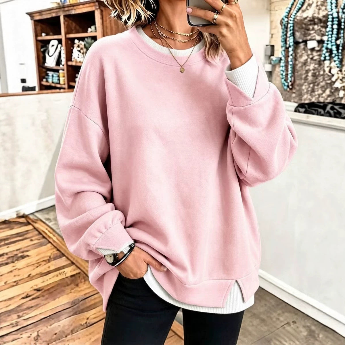 Col rond Patchwork à manches longues Pullover Sweatshirt de couleur unie