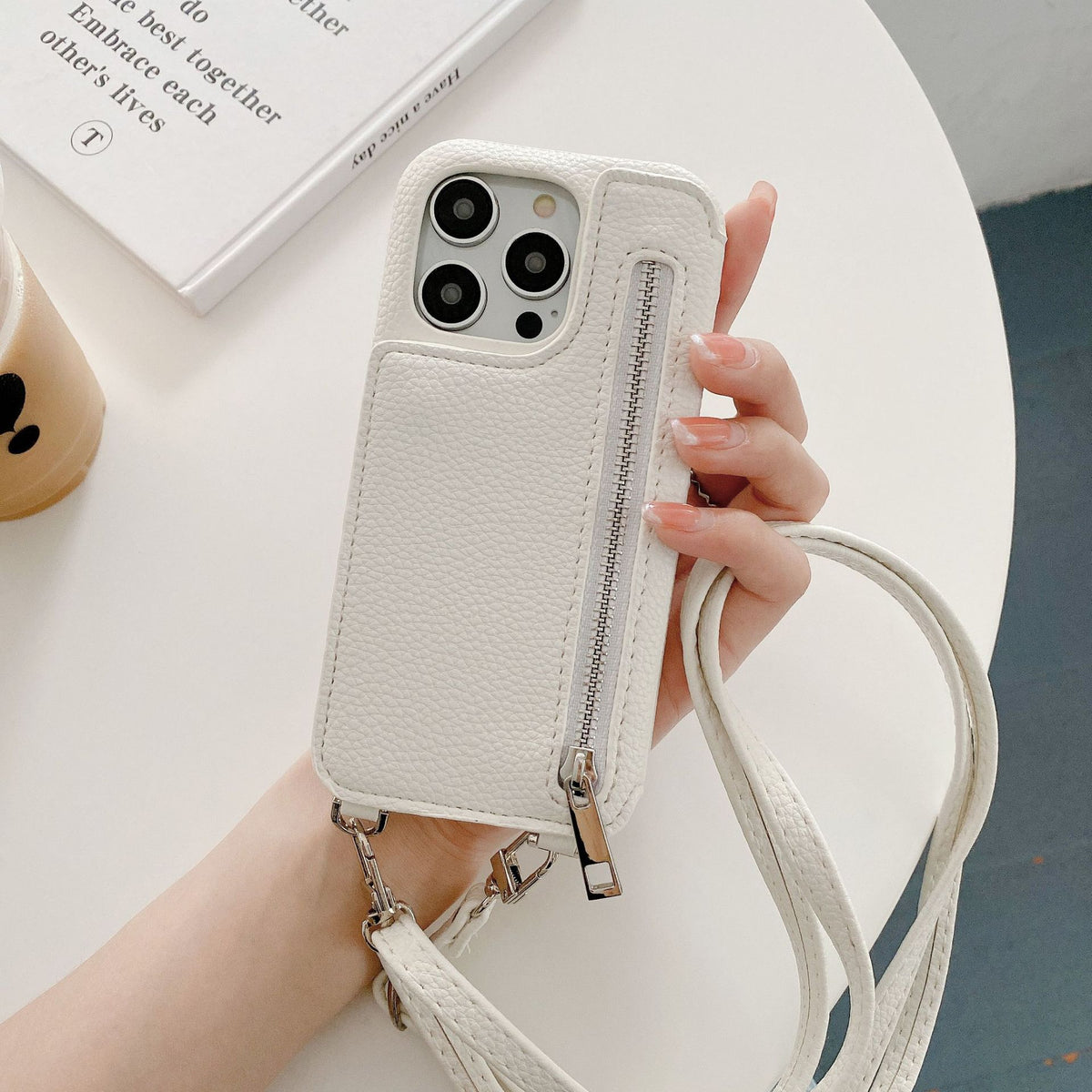 Cas téléphonique Lychee Pattern Insertion de carte Miroir de beauté Crossbody