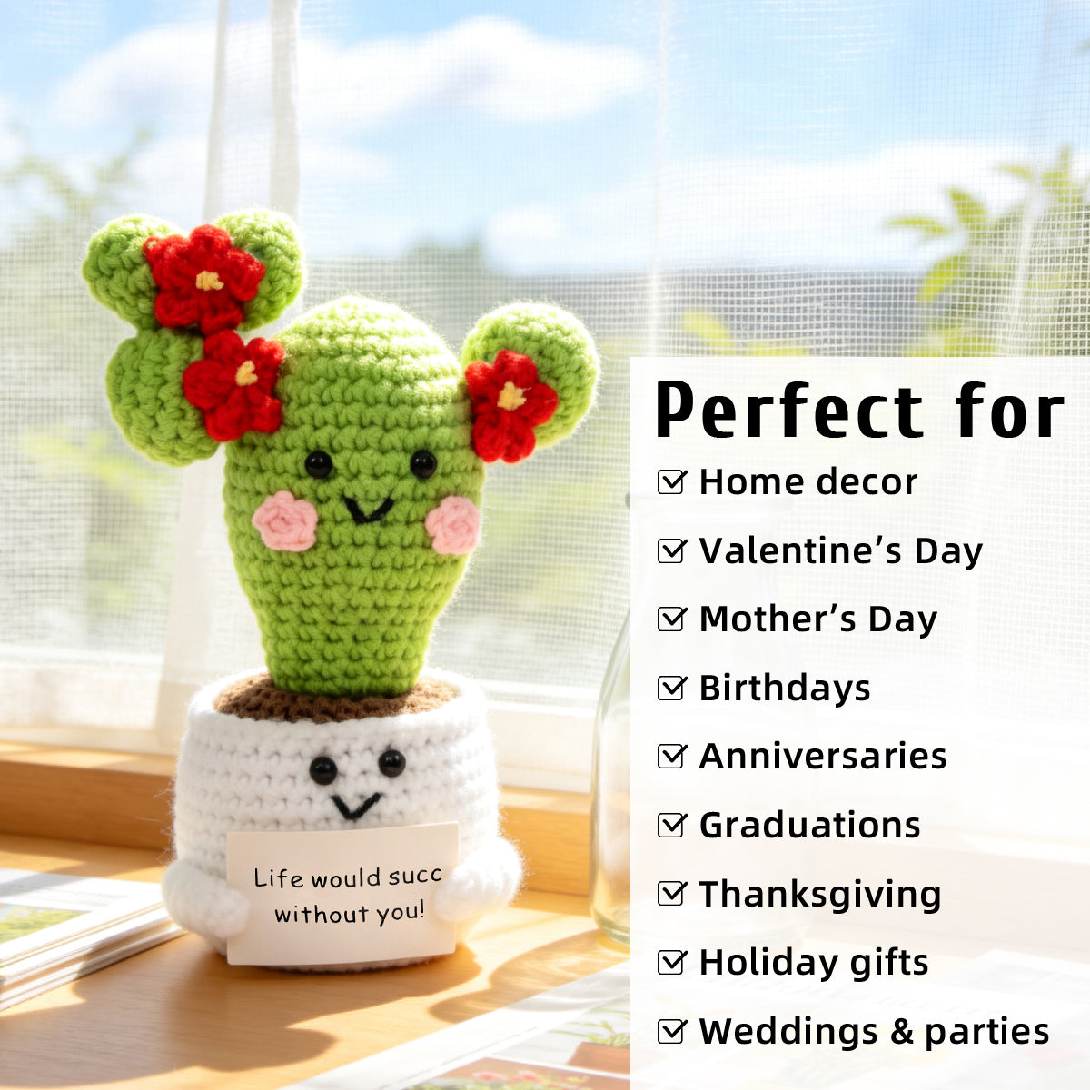 Crochet fait main Cactus Pot ornement avec brillant rouge Blossoms doux fil Croche éternelle
