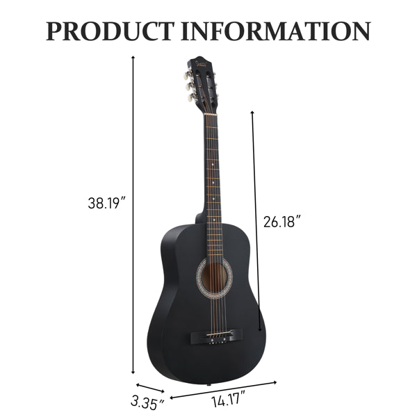 Guitare acoustique ronde noir mat de 38 pouces avec des pics