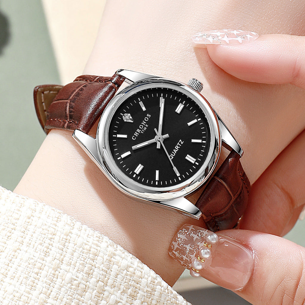 Montre de mode femme avec une véritable bracelet en cuir et un mouvement de quartz lumineux