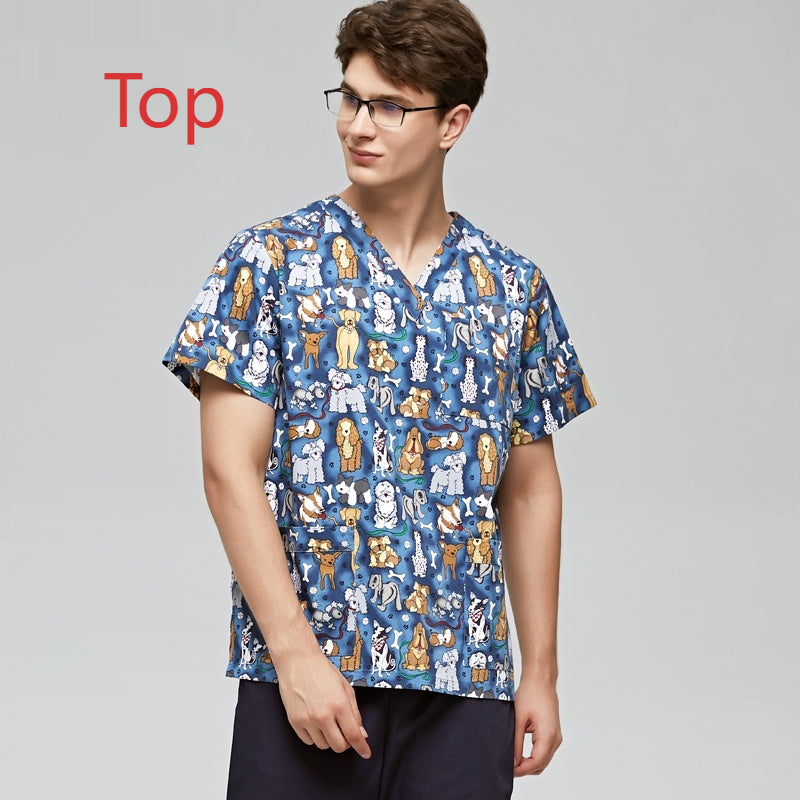 Chirurgical Gown Imprimé V-neck Pet Doctor Beauty Hospital Vêtements de travail Flower Dog Bleu