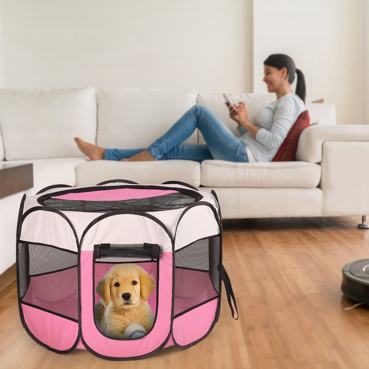 Pink-Blue Options -- 1Pc portable pliable de tente pour animaux de compagnie Pen d'exercice Kennel Zipper amovible T