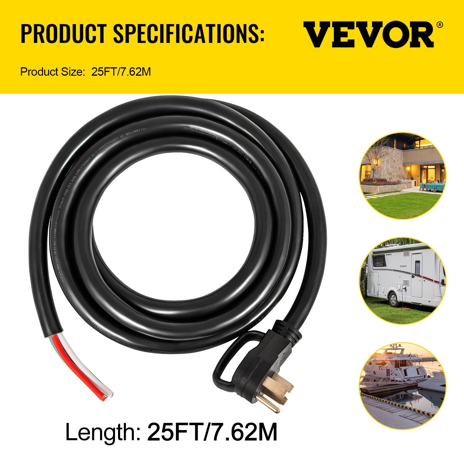 VEVOR 25Ft 50Amp générateur d'extension câble 6 gaz STW générateur câble de puissance