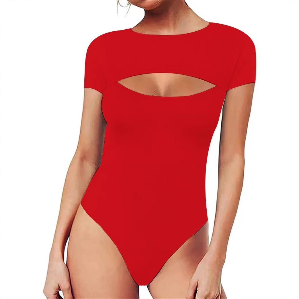 Sexy Crew-Neck Cutout avant Slim-Fit combinaison de saut à manches longues pour les femmes
