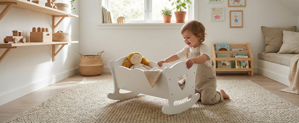Poupée en bois jouer Cradle Rocking Baby Doll Crib avec literie rose pour poupées jusqu'à 20 en