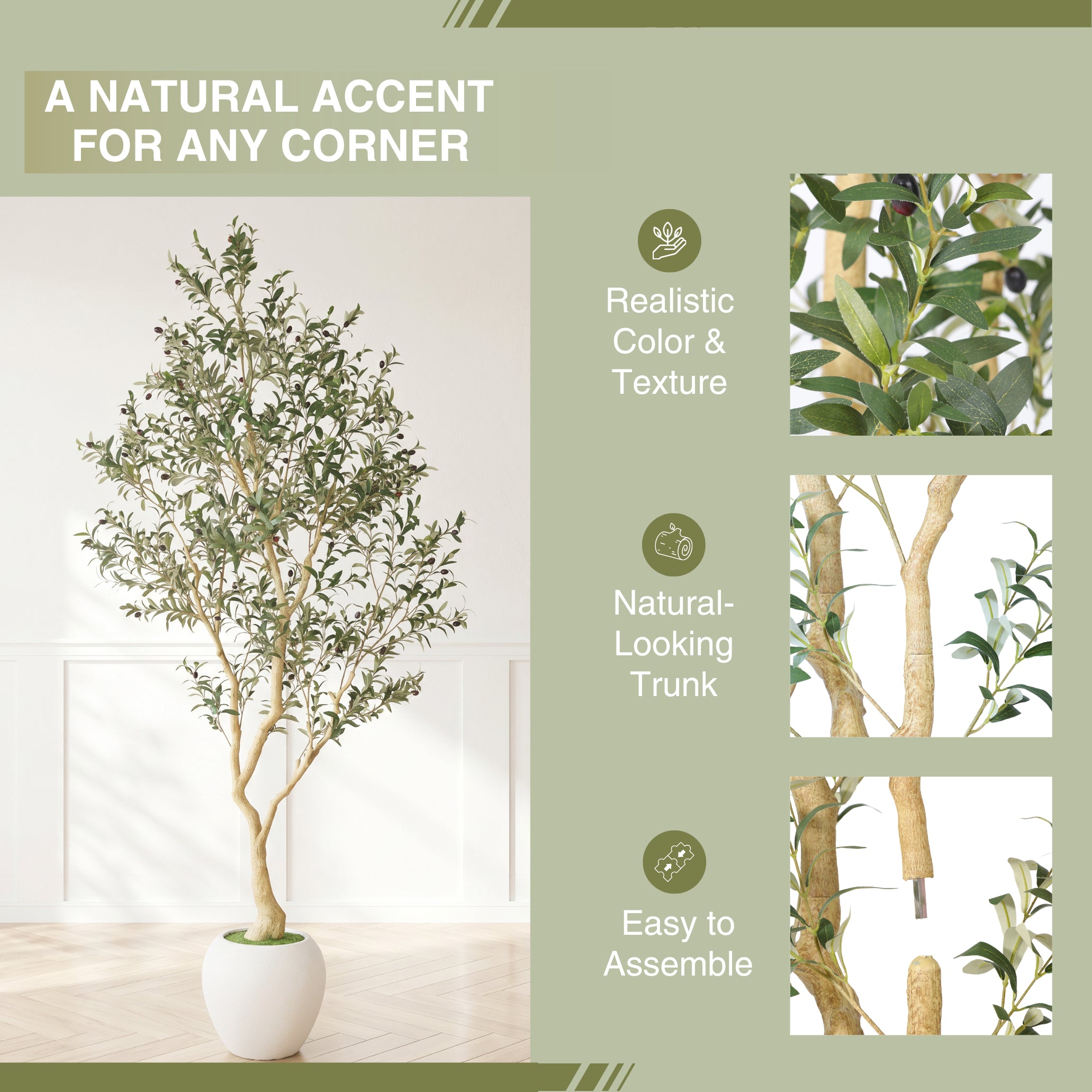 8.2FT Arbre olivier artificiel avec grand pot blanc décoratif