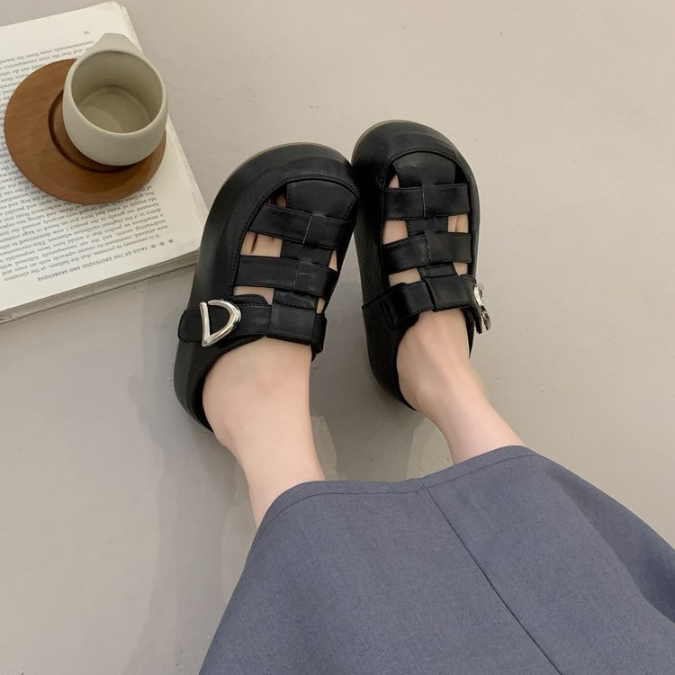 Sandales romaines Solées Été Épaisse pour les femmes Été Coupe polyvalent Baotou demi-chaussons Wi