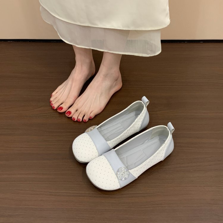 Femmes Tour d'orteil Polka Dot Mary Jane Flats Bloc de couleur Perle éplissée Buckle Soft Sole Slip
