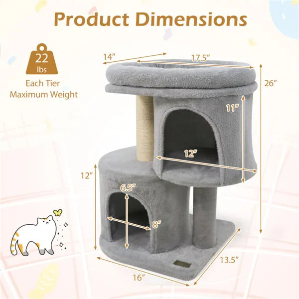 Arbre de chat compact de 26" avec 2 condos et postes de scratching sisal