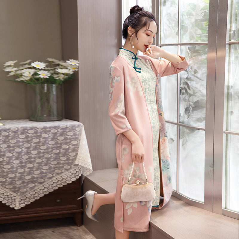 Cheongsam de longueur moyenne femme avec suède et robe Aodai