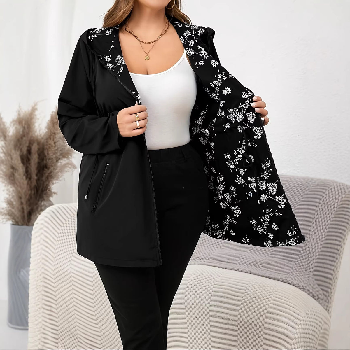 Cardigan à manches longues à capuchon pour femmes de plus grande taille - Veste de sweater en tricot imprimé réversible