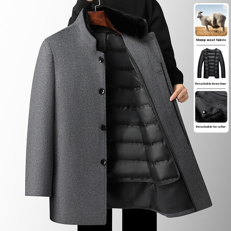 Laine pour hommes Pardessus Automne et hiver Épaisseur mi-long Linge de plume amovible