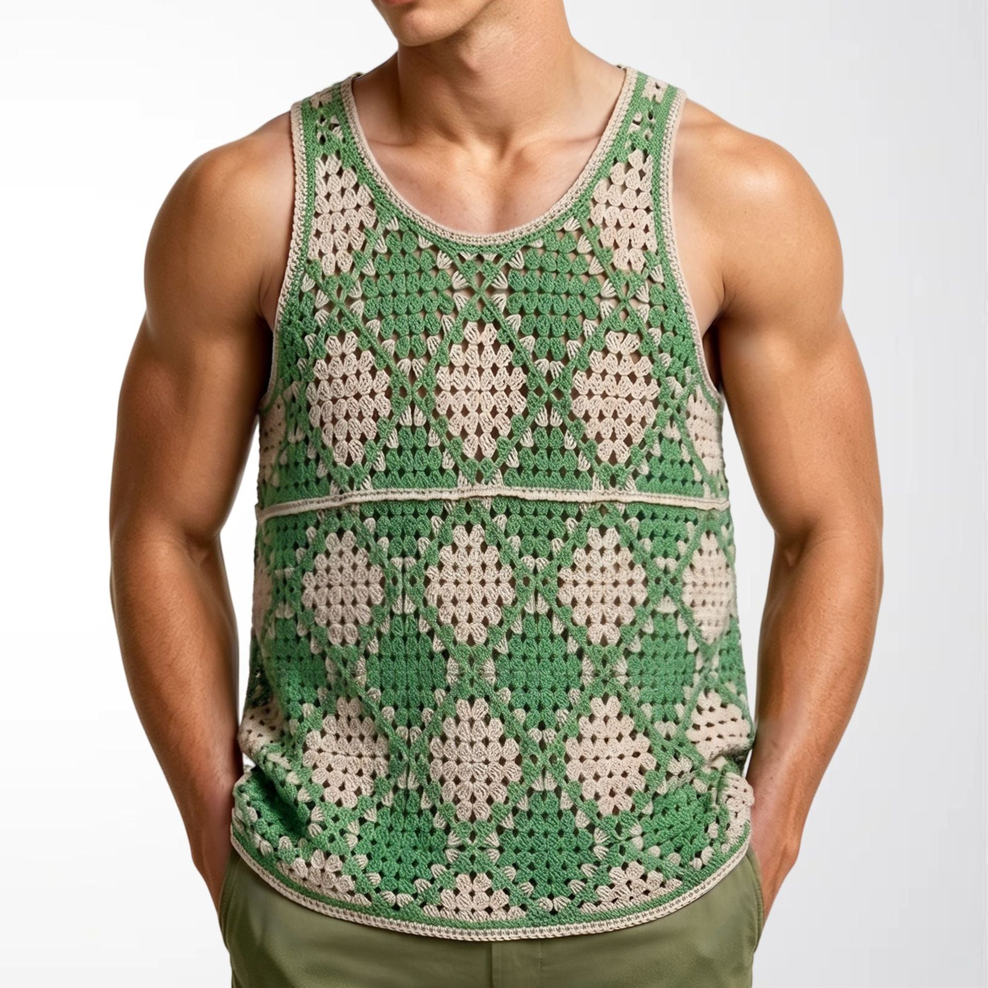 Contrast-color Diamond-pattern Knit Vest Hollow-out