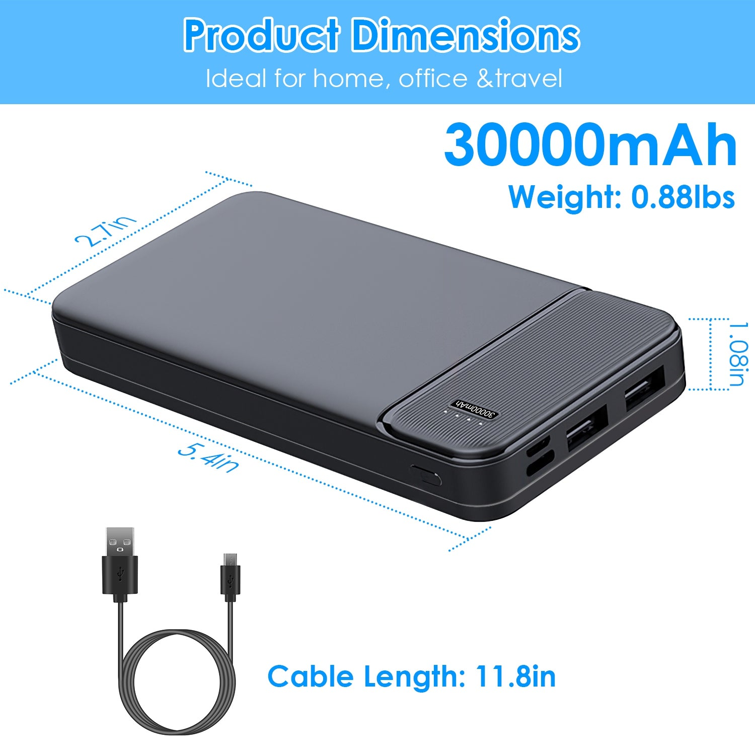 1Pc 30000mAh 20000mAh 1W MAh Chargeur d'alimentation rapide avec 1 câble USB pour IOS