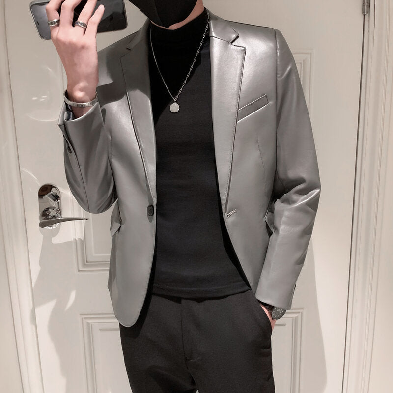 Polo Collar Solid Color Veste en cuir Coréen Slim PU Veste en cuir Hommes