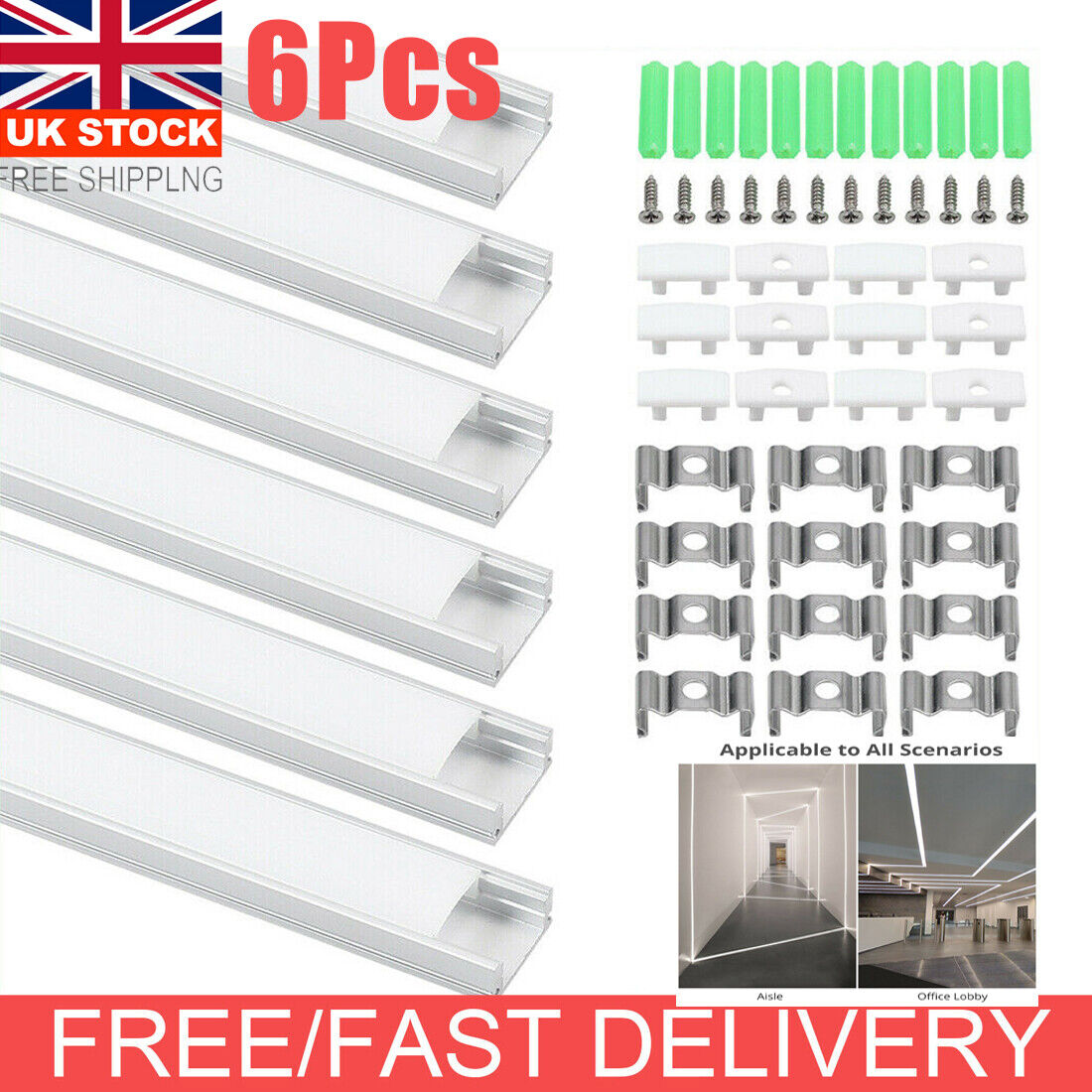 6X U-forme 1 mètre Aluminium canal pour la bande LED couvercle de lumière PVC profil 5050