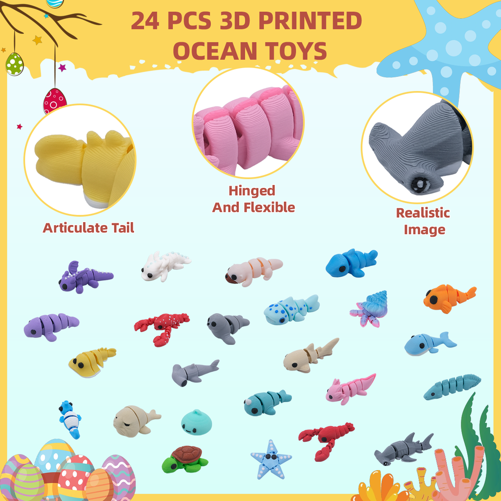 24PCS Imprimé 3D Mini animaux d'océan avec 6 oeufs de Pâques