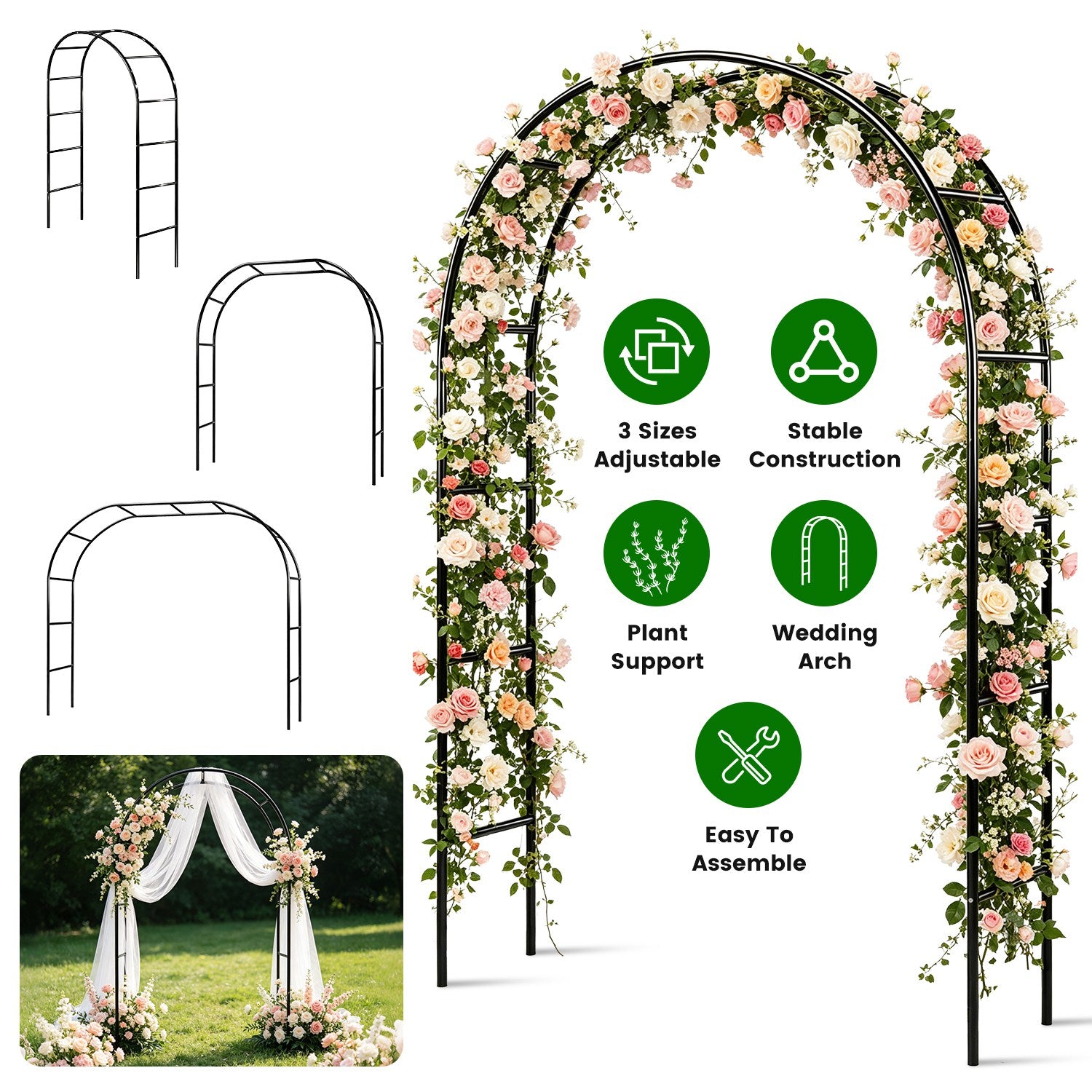 2Pcs ou 1Pcs Options 7.87Ft H X 4.59Ft W Arches de jardin en métal réglable Bricolage extérieur Trelli