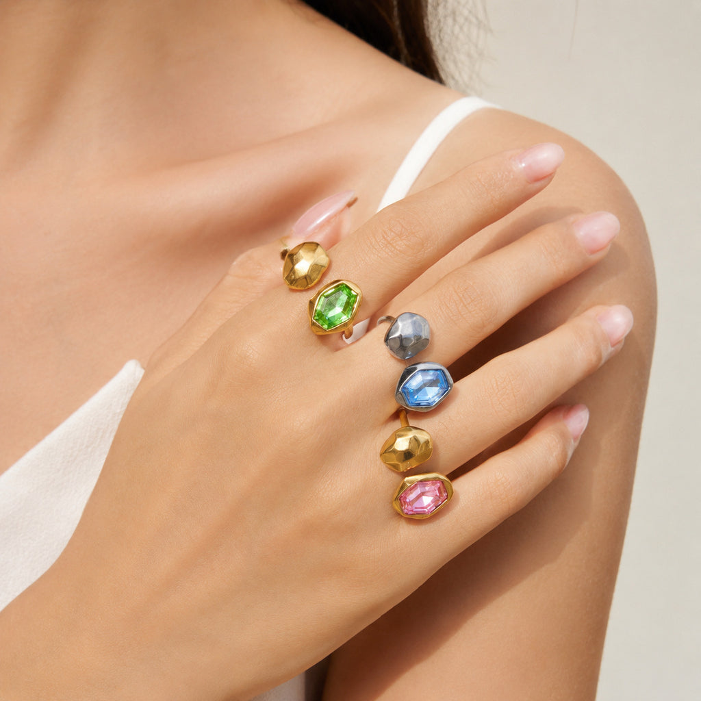 Anneau ouvert de luxe léger avec Zircon coloré et acier au titane