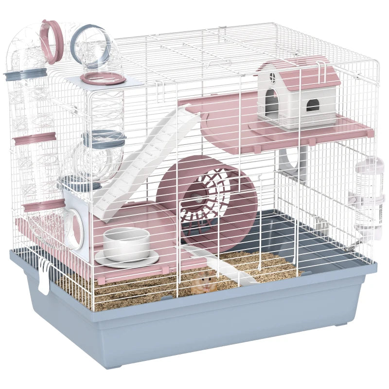 Cage, 3-Tier petit animal Cage avec roue d'exercice, bol alimentaire, bouteille d'eau, maison, tunnel