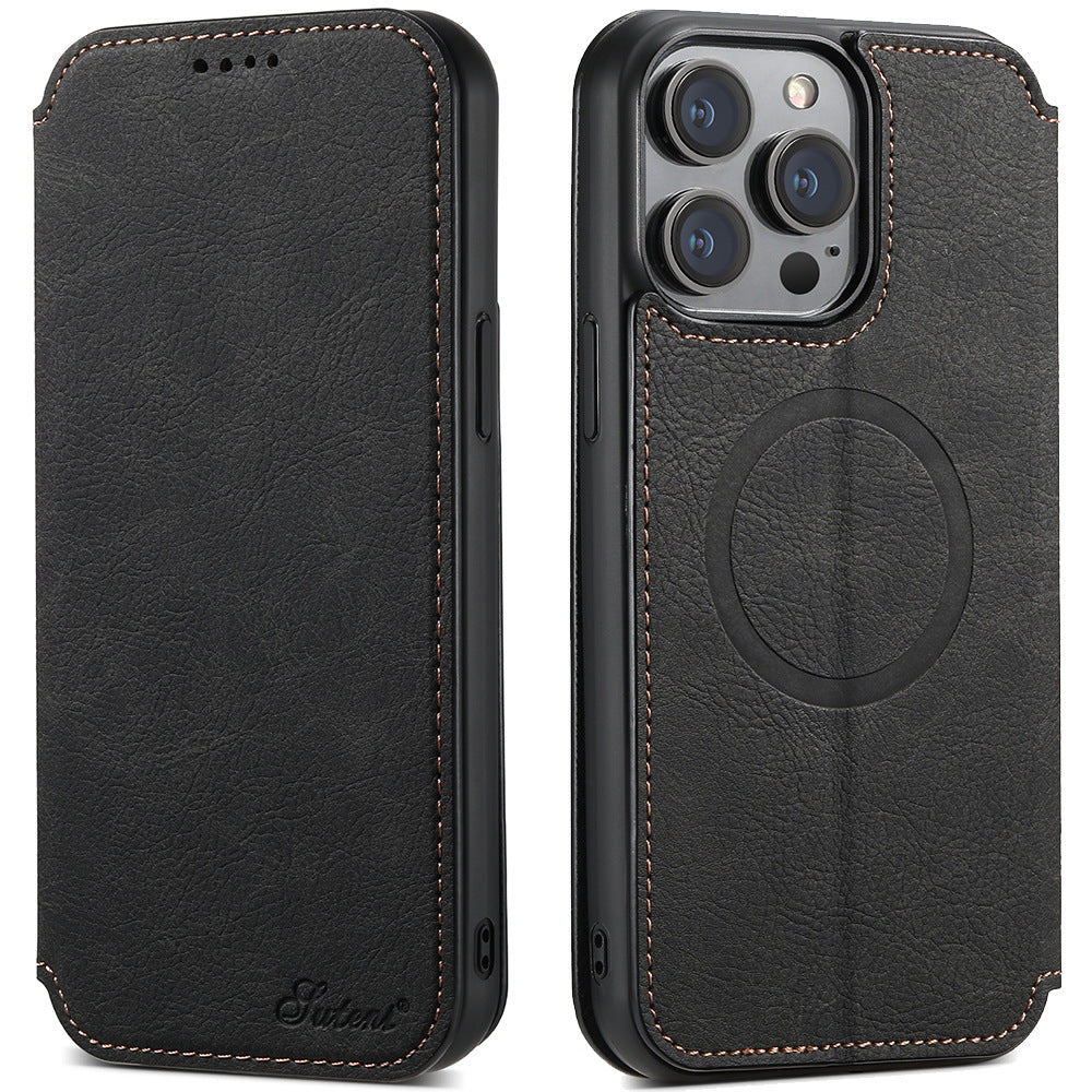 Boîtier de téléphone de protection sans fil de chargeur magnétique en cuir