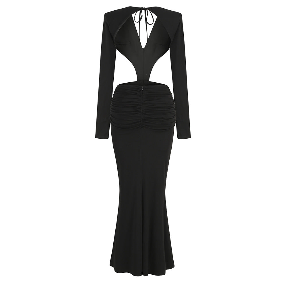 Sexy Col en V manches longues sans dos taille de jupe fleur décorative Split robe de queue de poisson