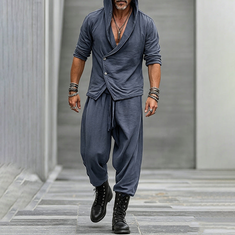 Ensemble de pantalons à manches longues à bouton à capuchon pour hommes occasionnels