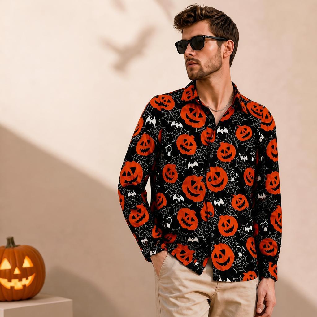 Chemises Homme Halloween à manches longues pour le commerce extérieur Imprimé casual mode tout-match