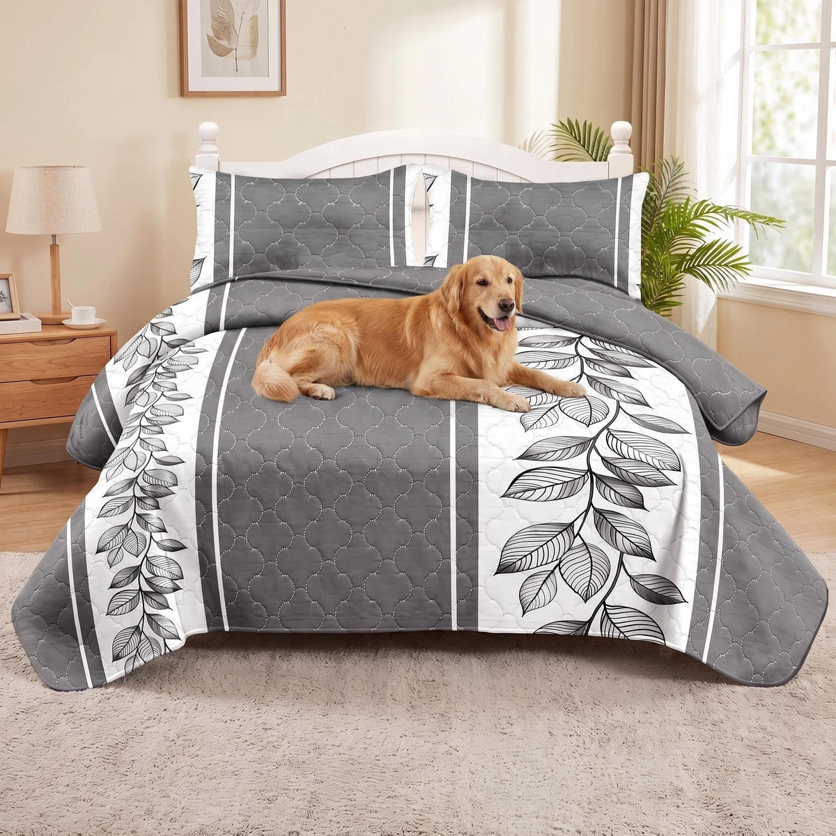 3-Piece gris et blanc bande de lit matelassé pour roi et roi de Californie