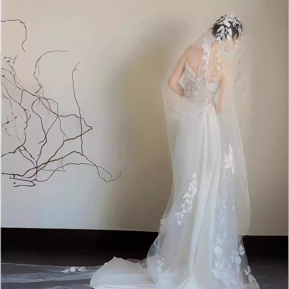 Satin Dentelle Veil Tube de mariage Top Robe de mariée en queue de poisson