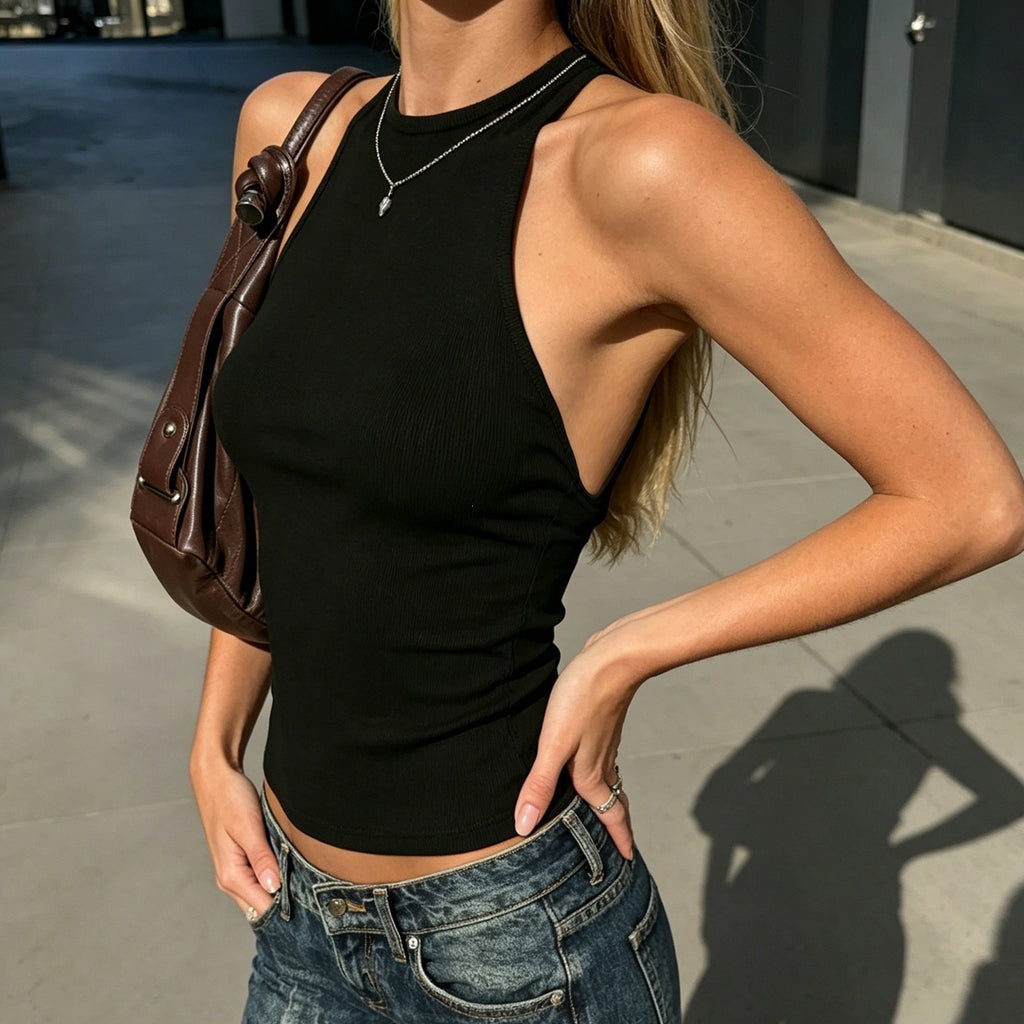 Street-style Sexy Backless Patchwork Chaîne Col rond Veste sans manches