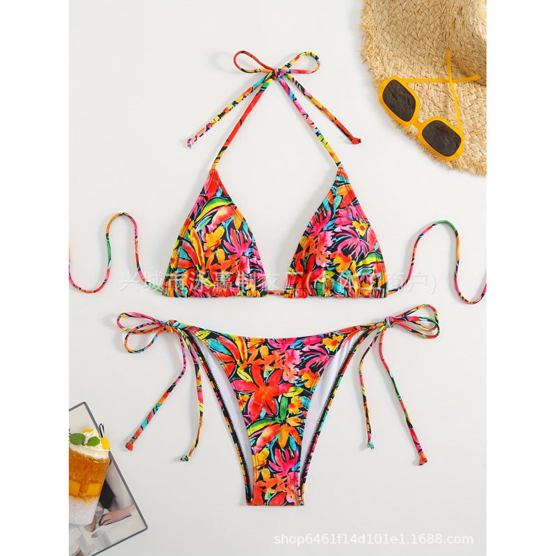 Femme Floral Imprimer Halter-Neck Dentelle-Up Sexy Bikini
