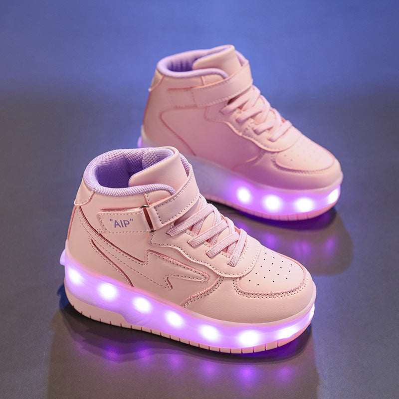 Chaussures de marche en cuir de jeunes patins à roues doubles