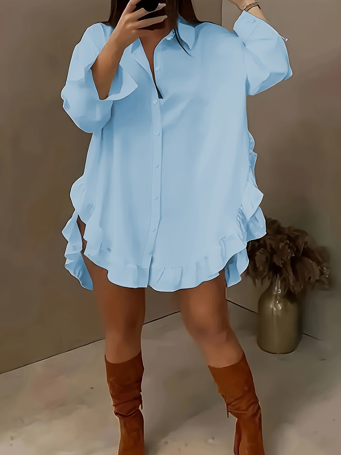 Chemise à l'ourlet de feuille de lotus en couleur solide pour femmes