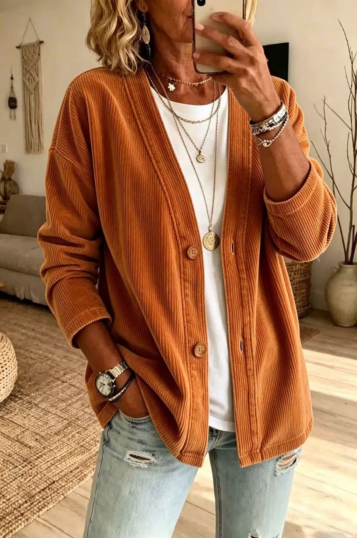 European And American Street Style Autumn And Winter Women's Coat Solid Color Button Cardi