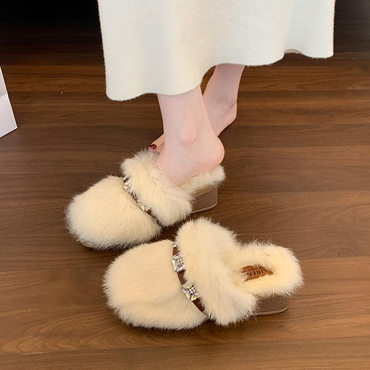 Plateforme Femmes Strass Luxury Furry Slippers