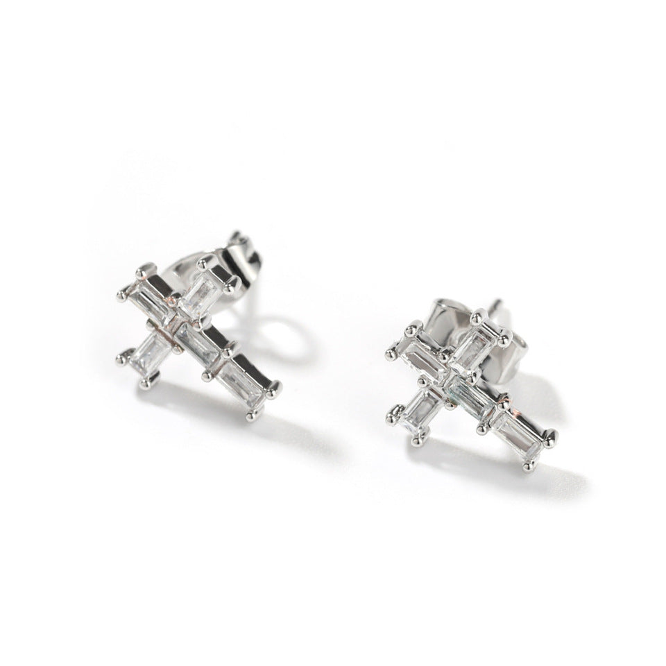Femmes Cross Baguette CZ Boucles d'oreilles Stud
